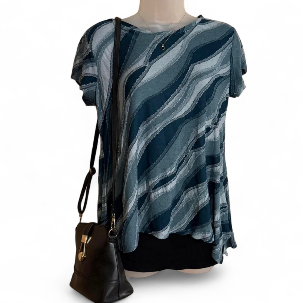Simply Vera Vera Wang Teal and Gray Wave Blouse